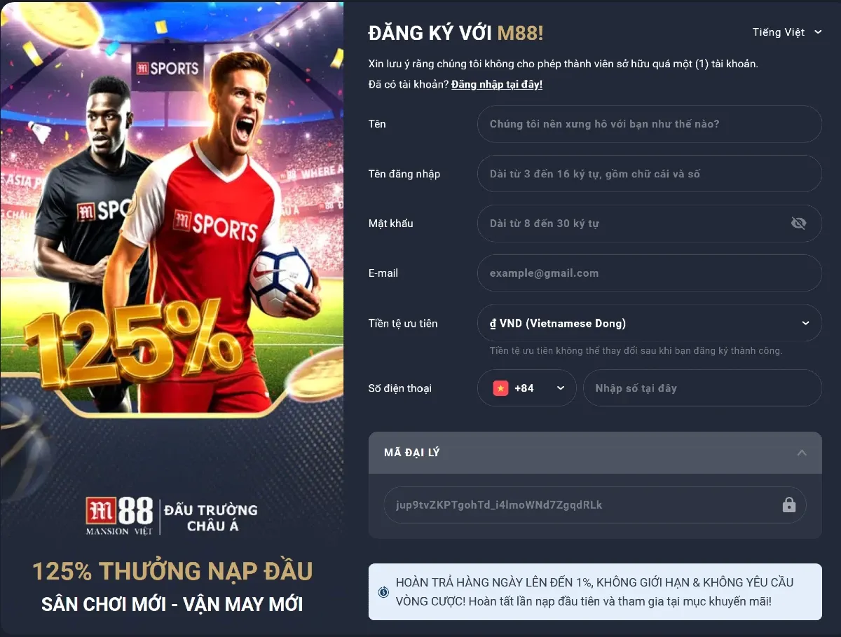 Form đăng ký tài khoản M88 gồm tên, tên đăng nhập, mật khẩu, email, tiền tệ VND và số điện thoại